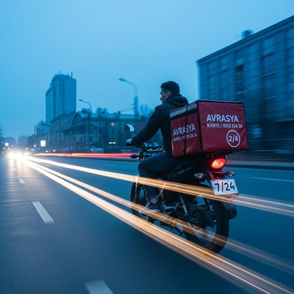 Gün doğumu öncesi ışık çizgileriyle hızlanan AVRASYA KURYE motosikleti