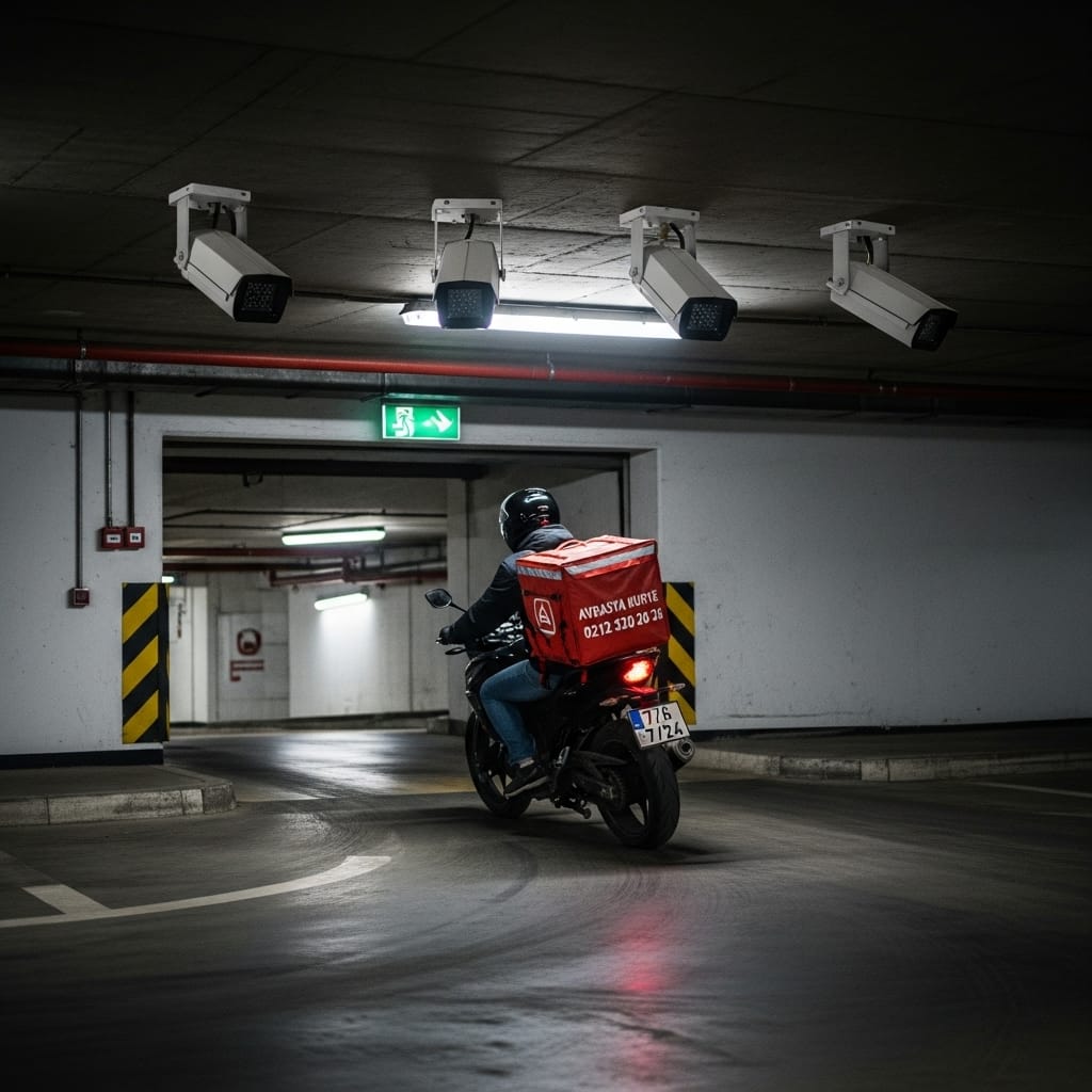 Kameralı garajdan hızlı çıkan AVRASYA KURYE VIP motosikleti