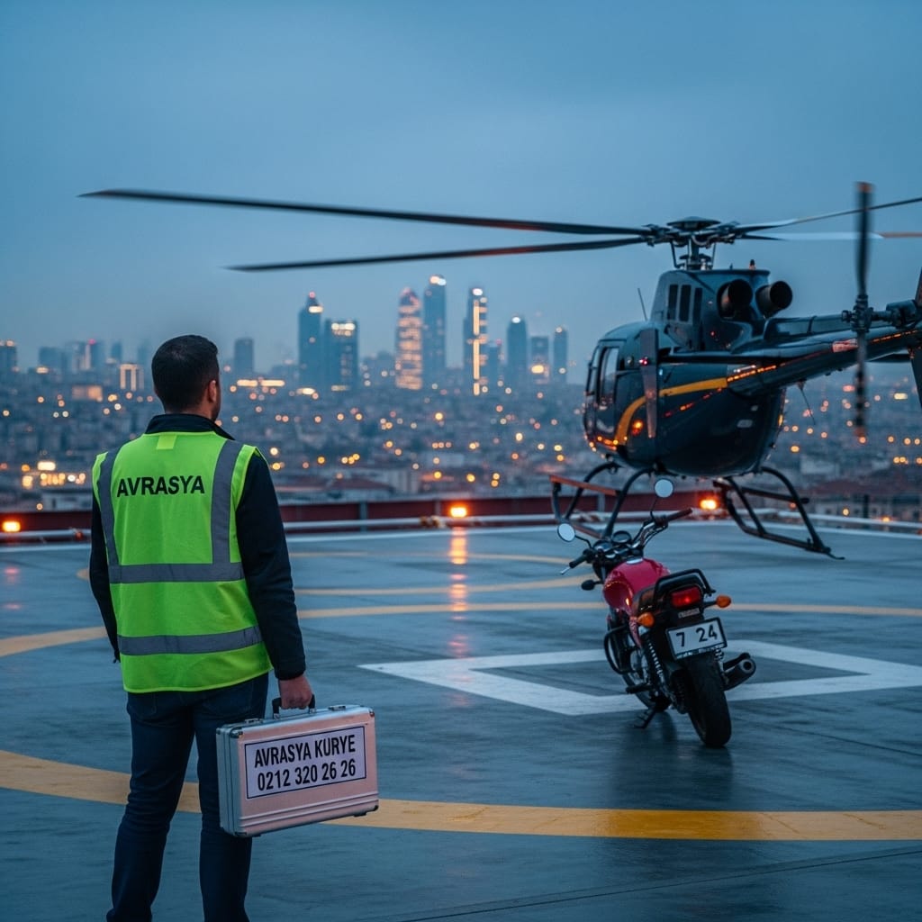 İstanbul helikopter pistinde “AVRASYA KURYE” logolu evrak çantasını helikoptere taşıyan VIP kurye