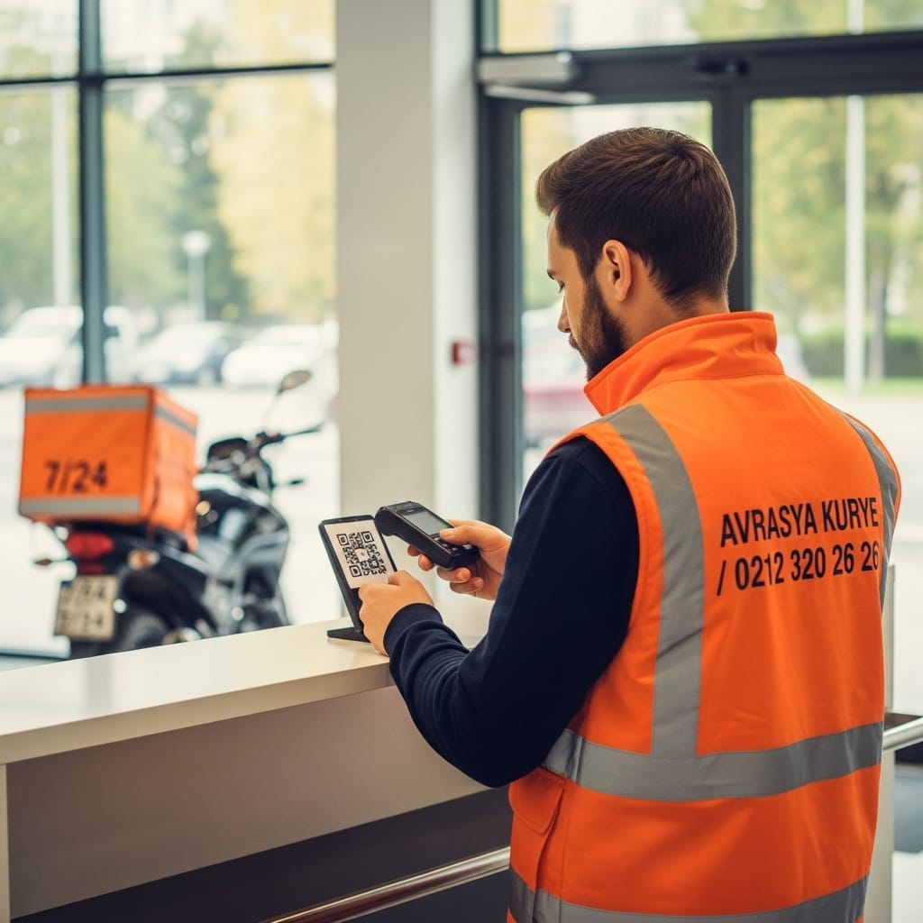 Ofis lobisinde QR kod okutan AVRASYA KURYE ekspres kurye