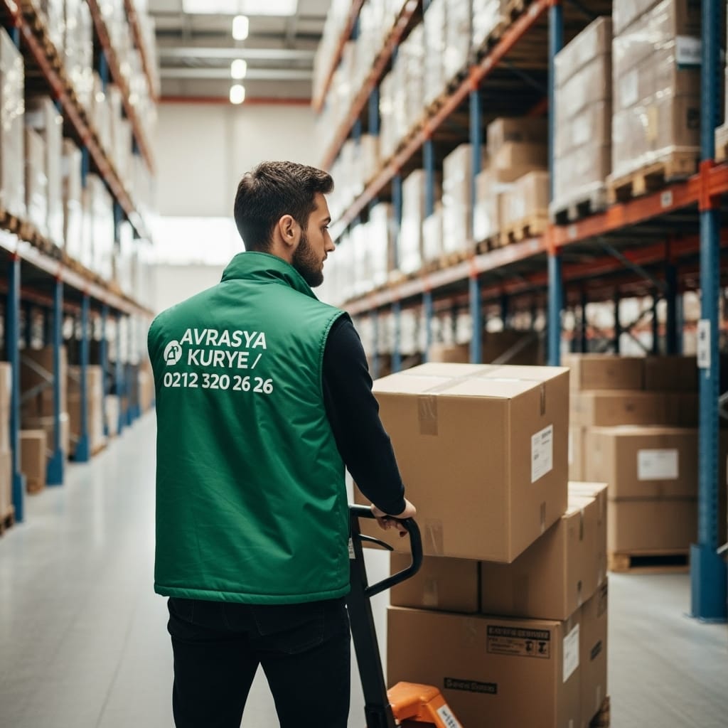 Depodan e‑ticaret kutularını teslim alan Avrasya Kurye görevlisi