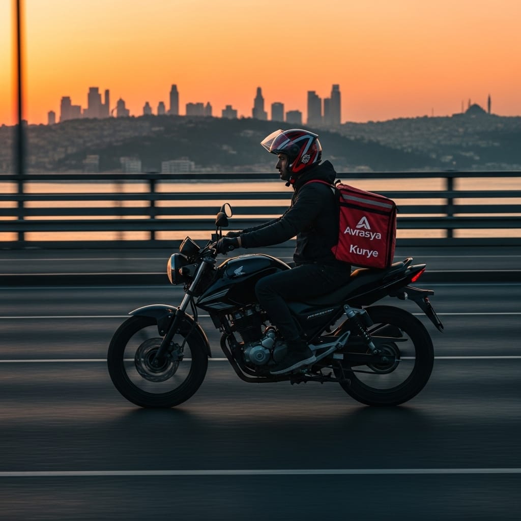 Boğaziçi Köprüsü’nde gün doğumunda Avrasya Kurye moto teslimatı