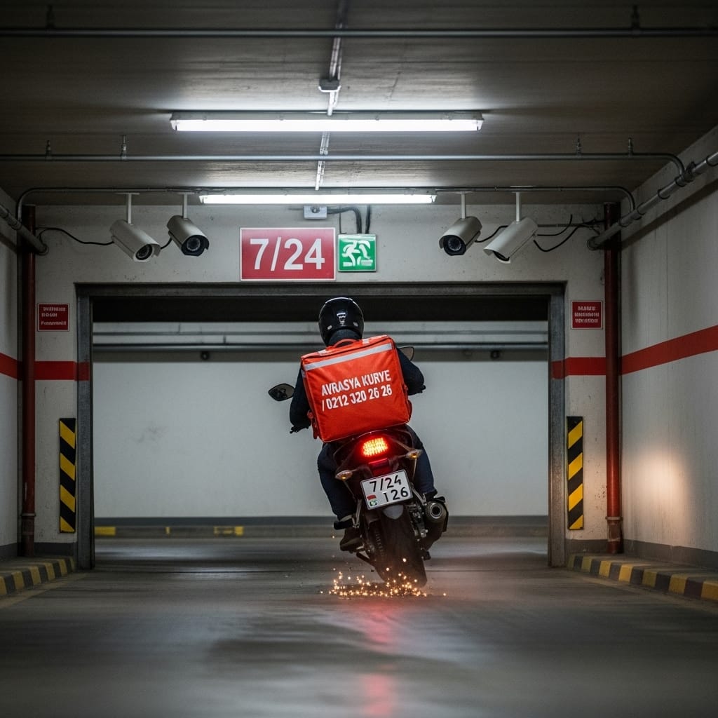 Kameralı garajdan hızlı çıkan AVRASYA KURYE VIP motosikleti