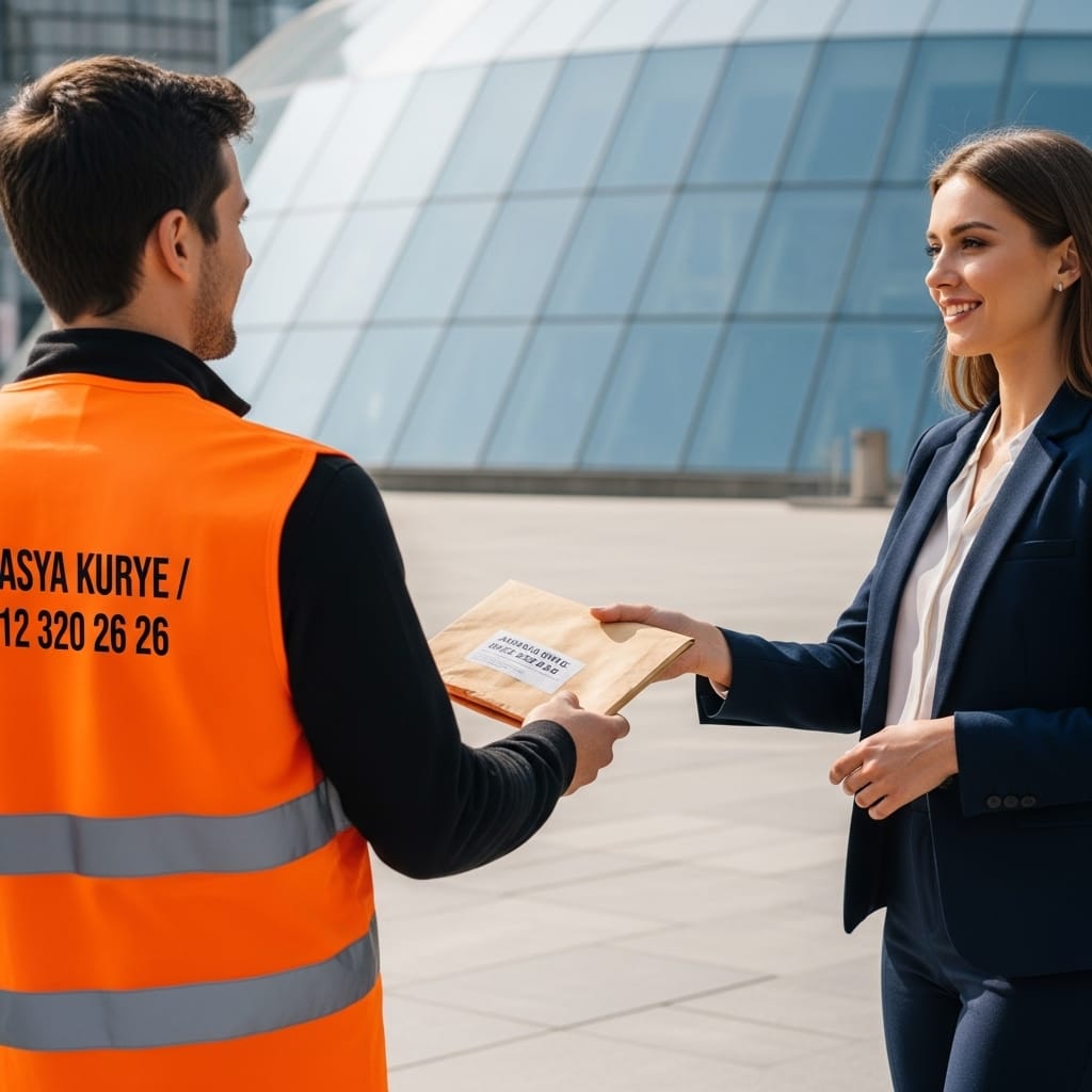 Plaza girişinde ekspres evrak teslim eden AVRASYA KURYE kuryesi