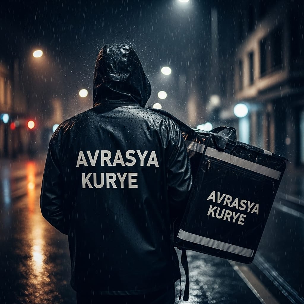 Yağmurlu havada, “AVRASYA KURYE” logolu yağmurluk ve su geçirmez çantalı moto kurye teslimatı