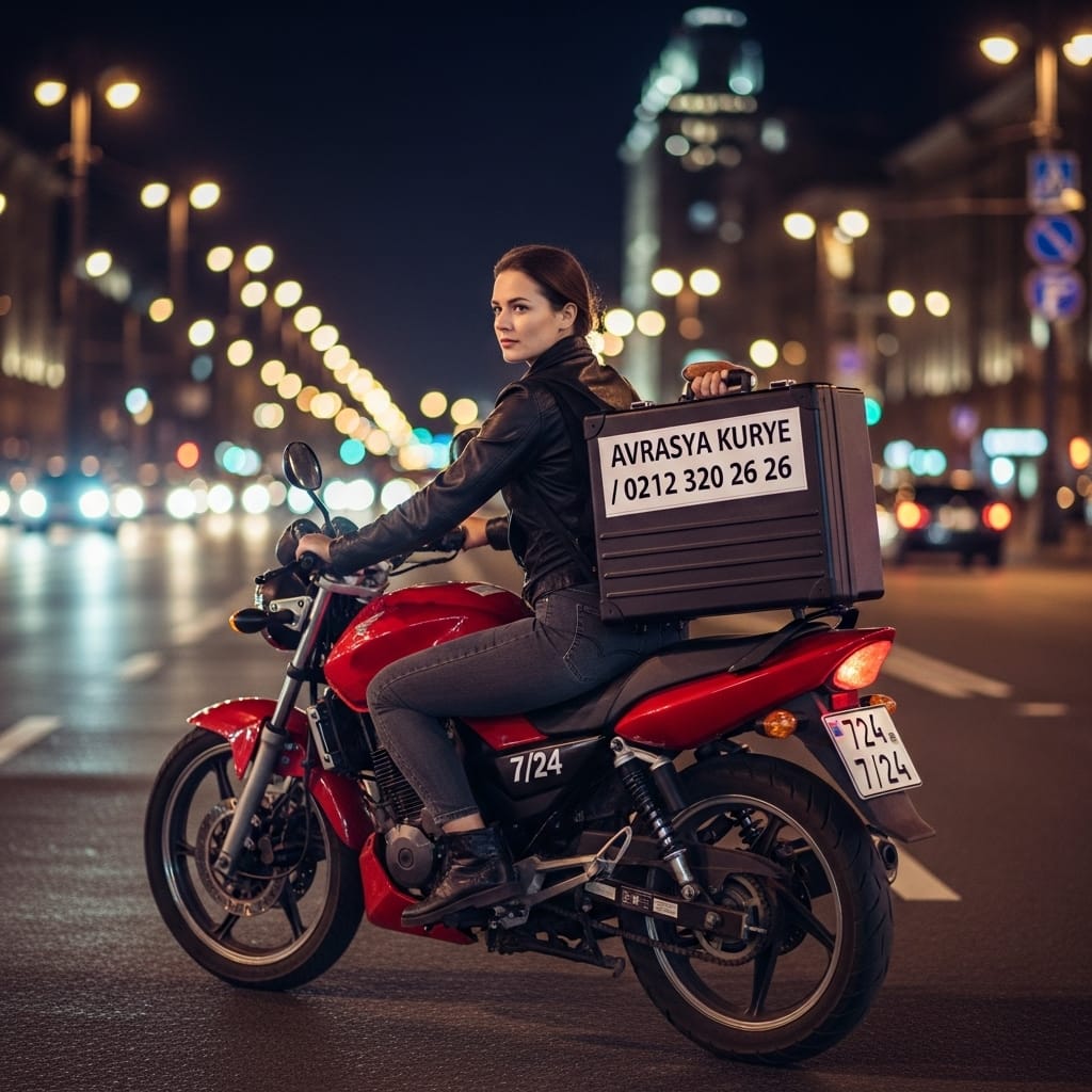 Tek paket taşıyan AVRASYA KURYE VIP motosikleti, gece İstanbul silueti