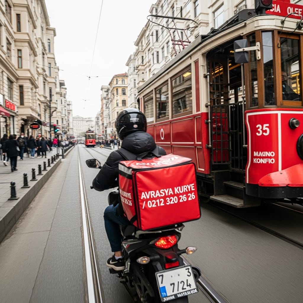 Tramvay yanında ilerleyen AVRASYA KURYE çantalı ekspres moto kurye