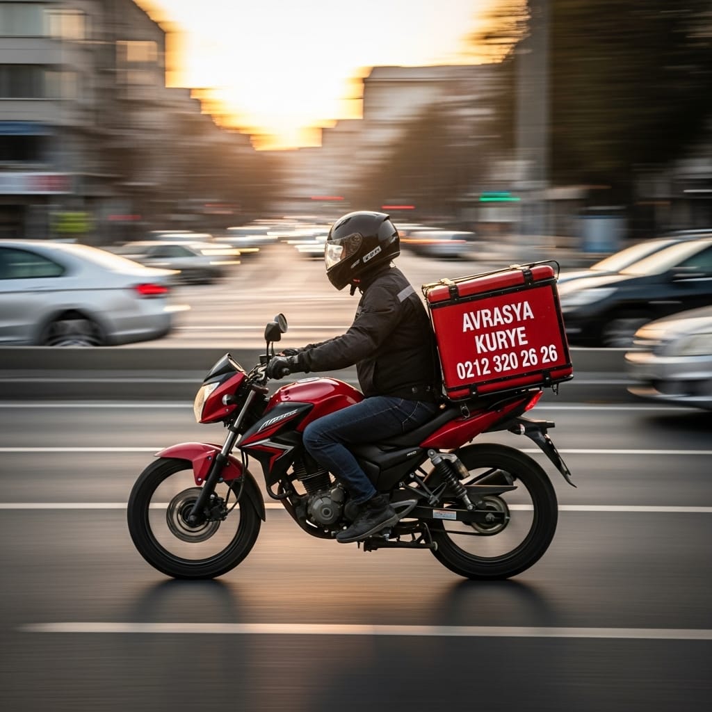 Gün batımında İstanbul trafiğinde AVRASYA KURYE 0212 320 26 26 logolu hızlı moto kurye