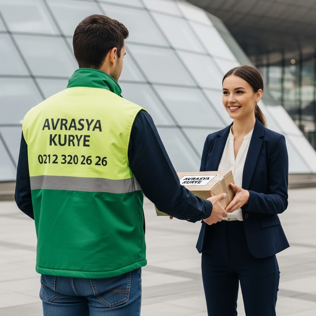 Modern plaza önünde Avrasya Kurye logolu paket teslimi