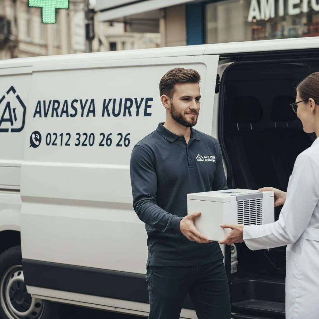 Eczaneye soğutuculu medikal kutu teslim eden arabalı kurye