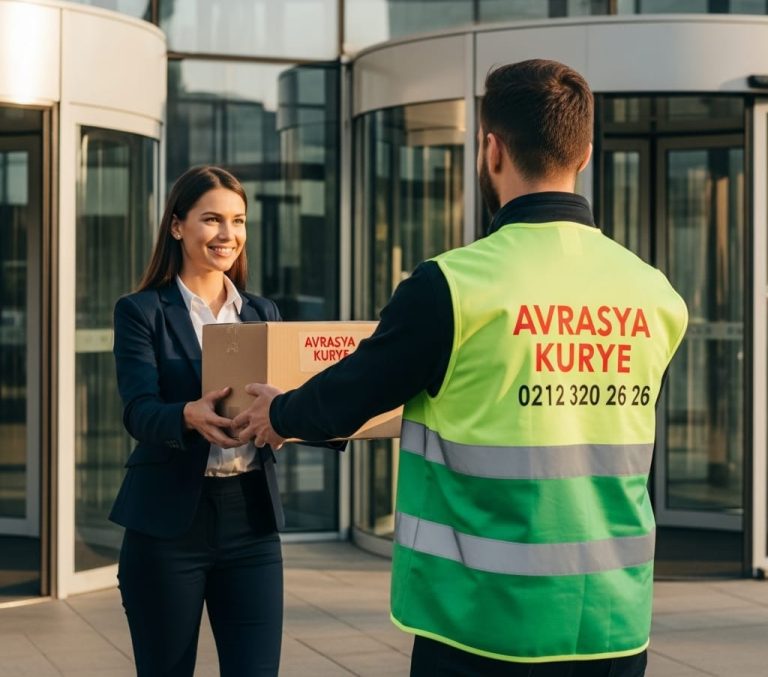 Yeşil sarı yelekli Avrasya Kurye görevlisi, 0212 320 26 26 numaralı logolu paketini modern plaza önünde müşteriye teslim ediyor