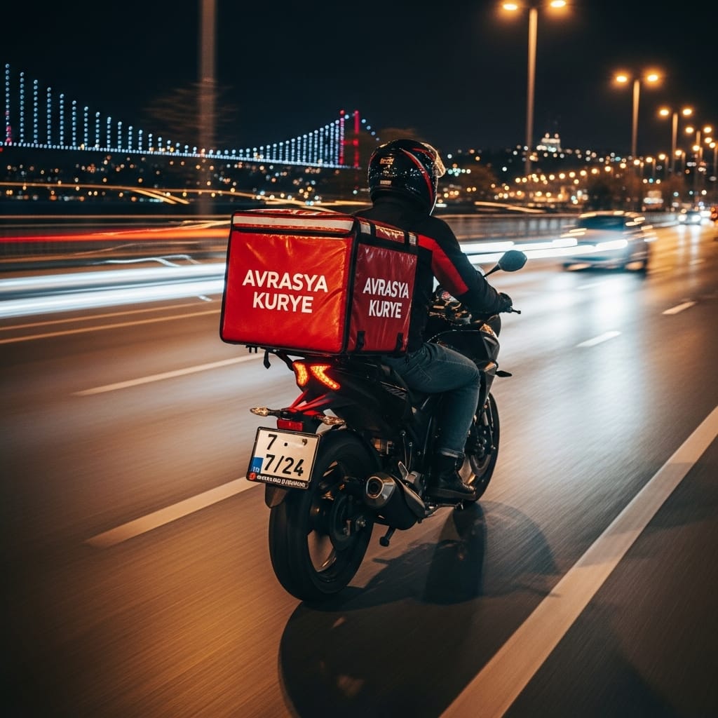 Gece ışıkları altında motosikletli kurye, sırt çantasında Avrasya Kurye logosu ile teslimat yapıyor