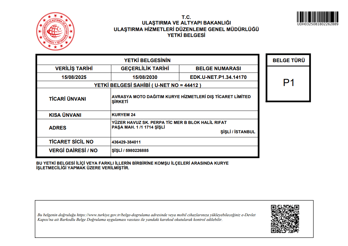 Avrasya Kurye P1 Belgesini Yeniledi!