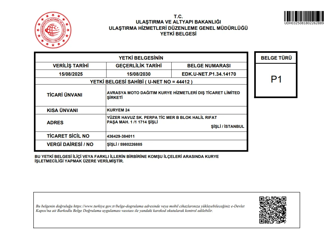 Avrasya Kurye P1 Belgesini Yeniledi!